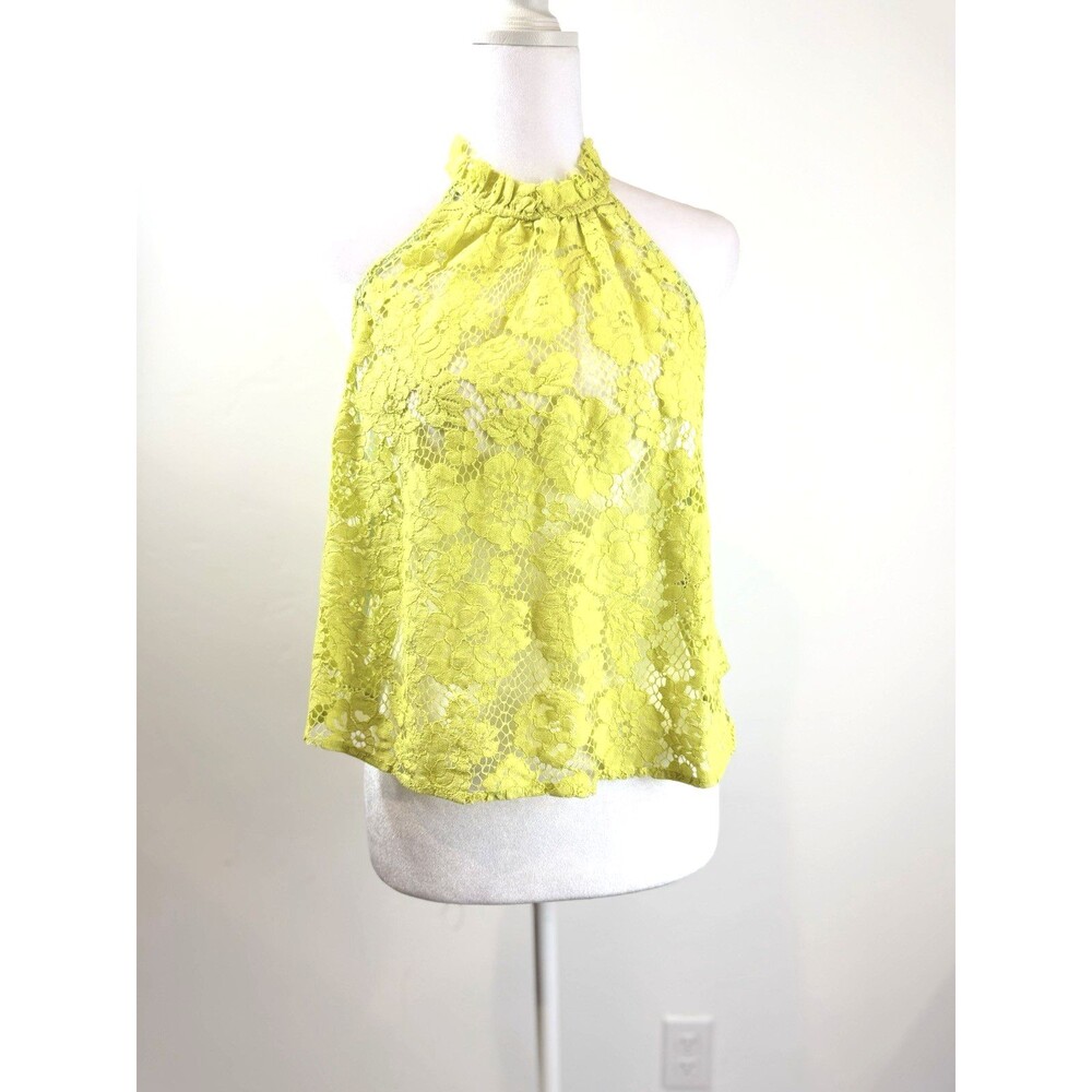 Free People XS Lace Halter Top Neon Yellow Floral Sleeveless Boho Blouse